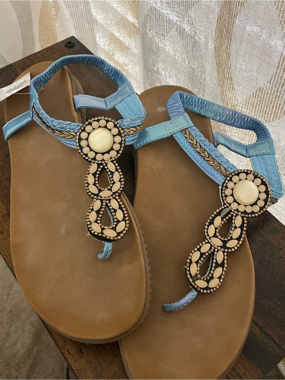 Women’s Light Blue Embellished T-Strap Sandals